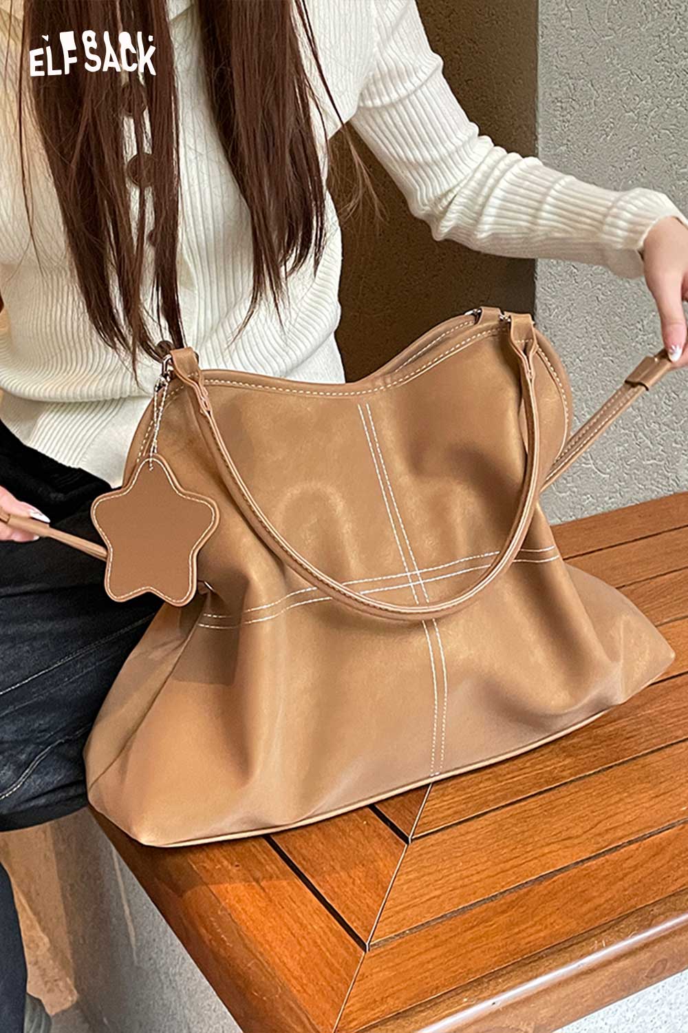 ELFSACK minimalist PU leather shoulder bag in tan with a stylish design and comfortable strap