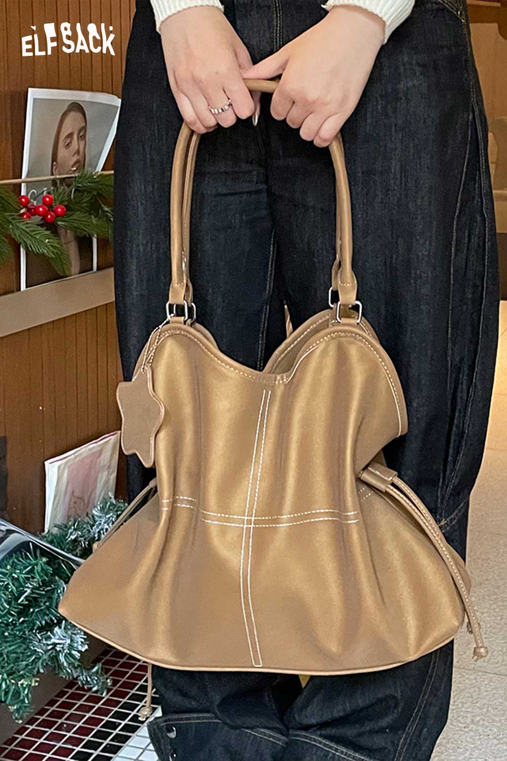 ELFSACK minimalist PU leather shoulder bag in brown with stylish design and spacious interior