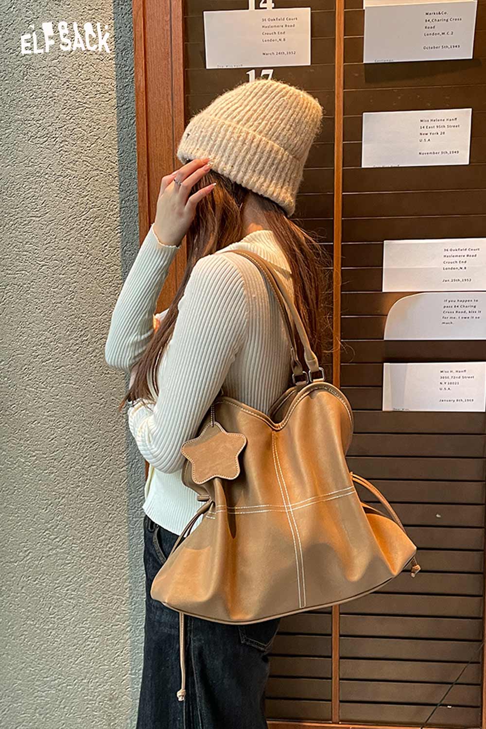 ELFSACK minimalist PU leather shoulder bag in tan with stylish star detail for everyday use