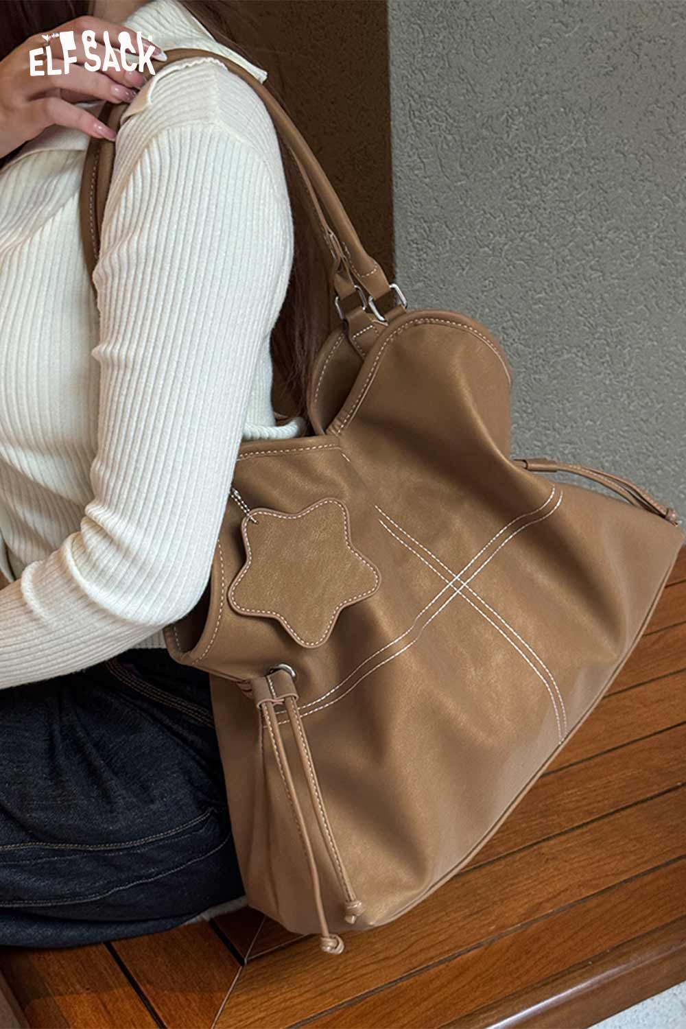 ELFSACK minimalist PU leather shoulder bag in brown with stylish star detail and spacious design
