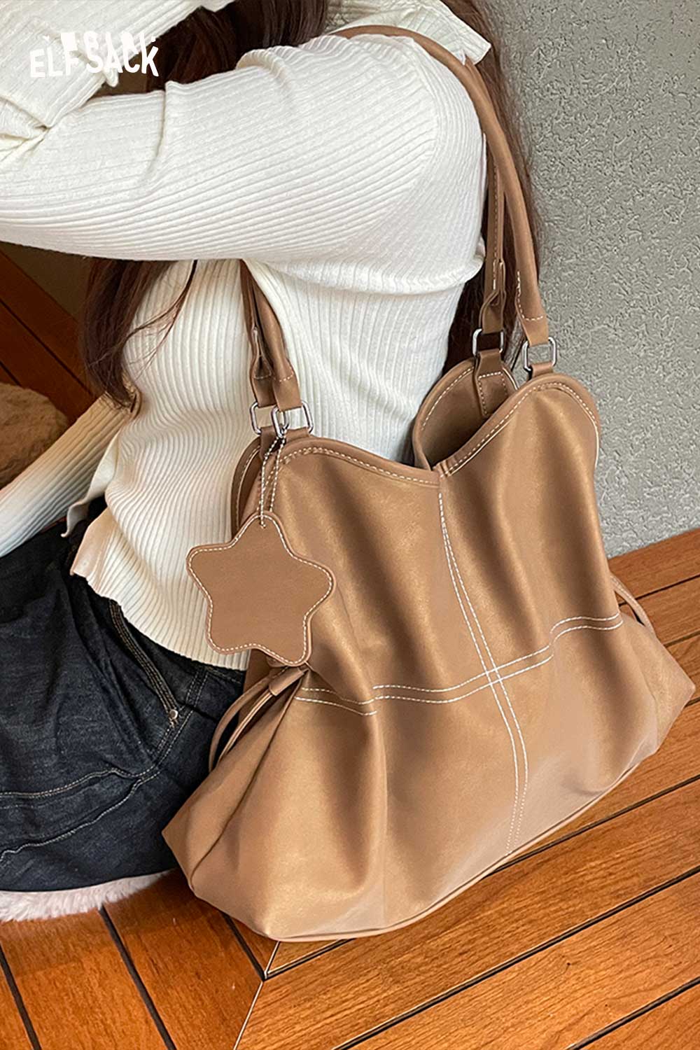 ELFSACK minimalist PU leather shoulder bag in tan with spacious design for everyday use