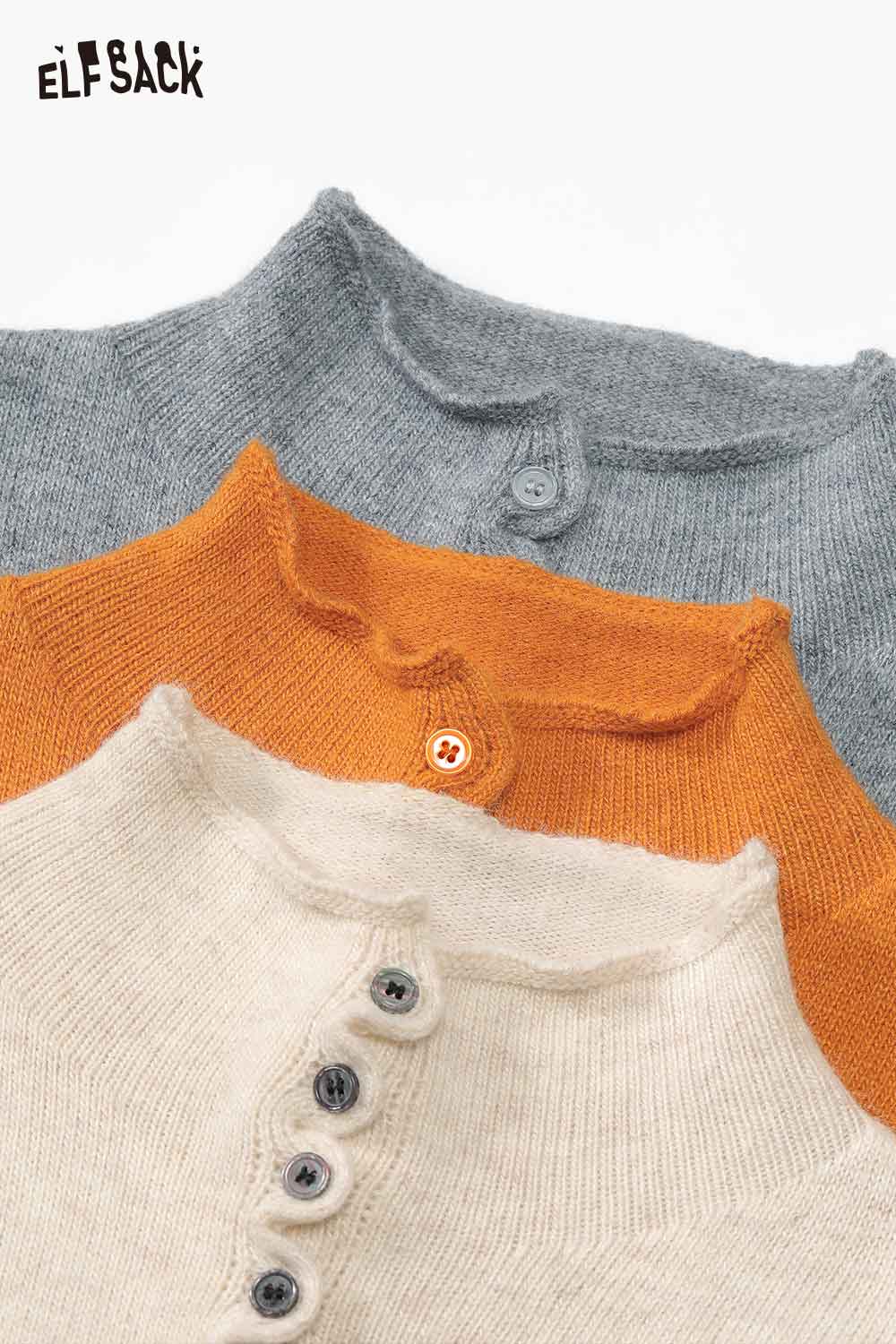
                  
                    ELFSACK minimalist ruffle button knitwear in gray, orange, and cream colors with stylish design details
                  
                