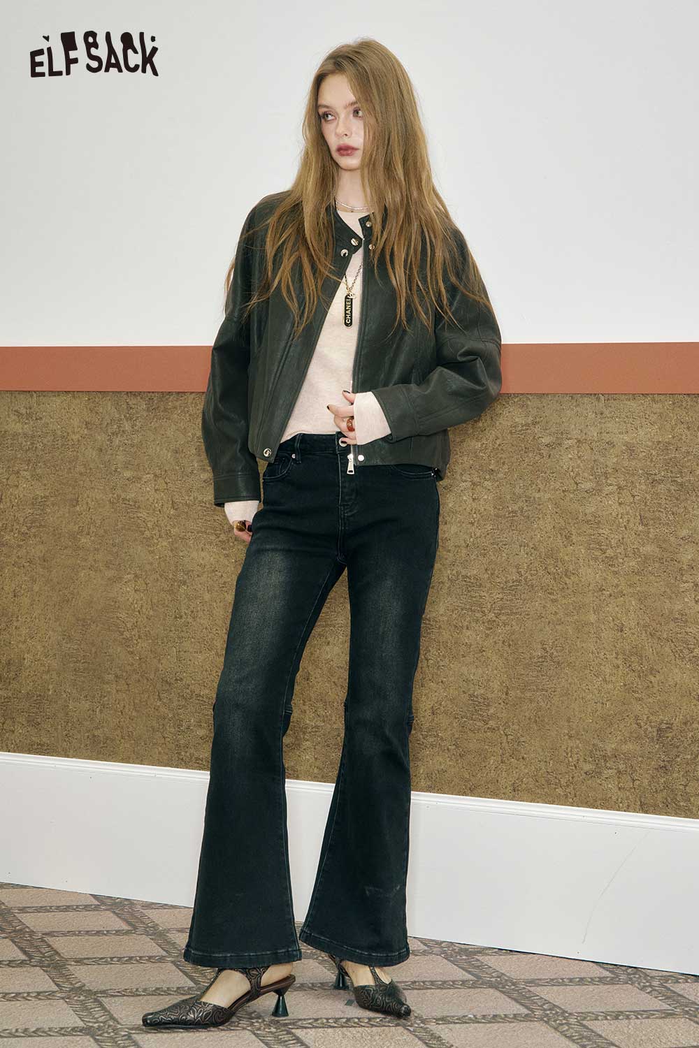 ELFSACK minimalist slim fit top for women styled with a bomber jacket and flared jeans