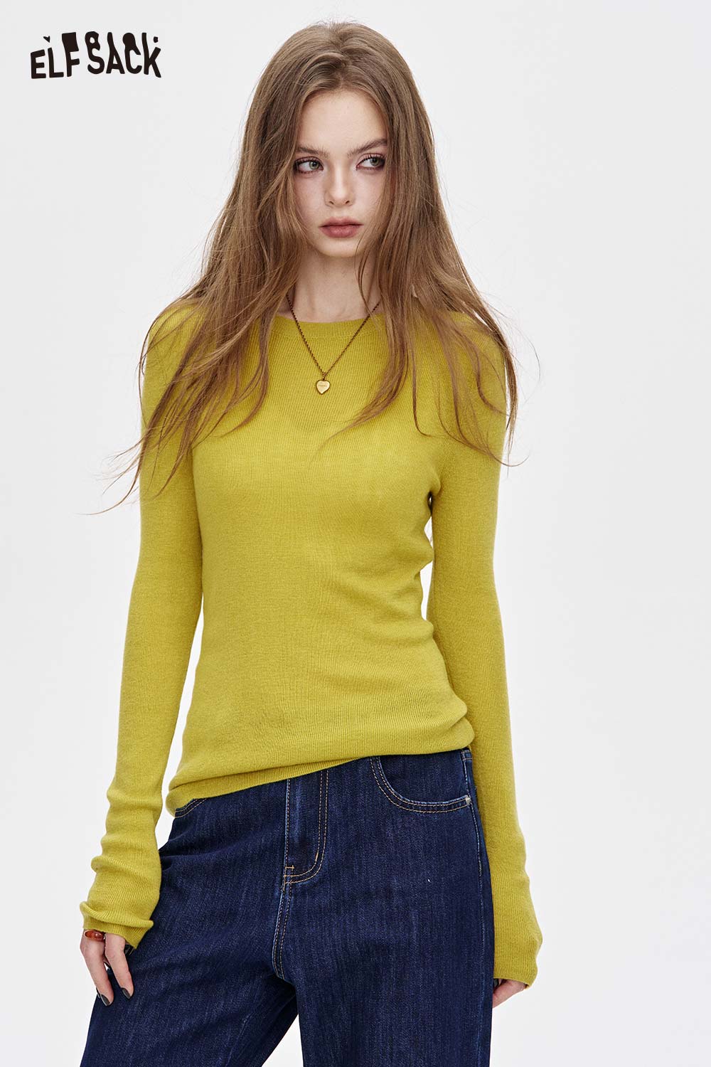 ELFSACK Lime Green Knitwear Minimalist Slim Fit Top for Women with Long Sleeves