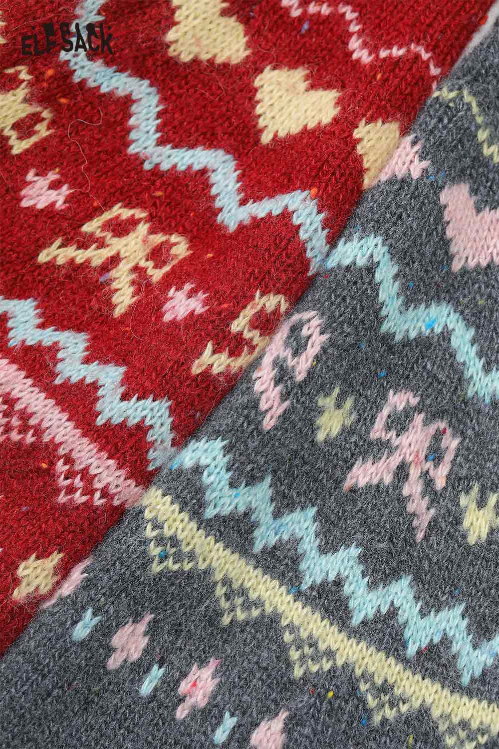 ELFSACK minimalist stripe zipper sweater featuring colorful heart and zigzag patterns in red and gray