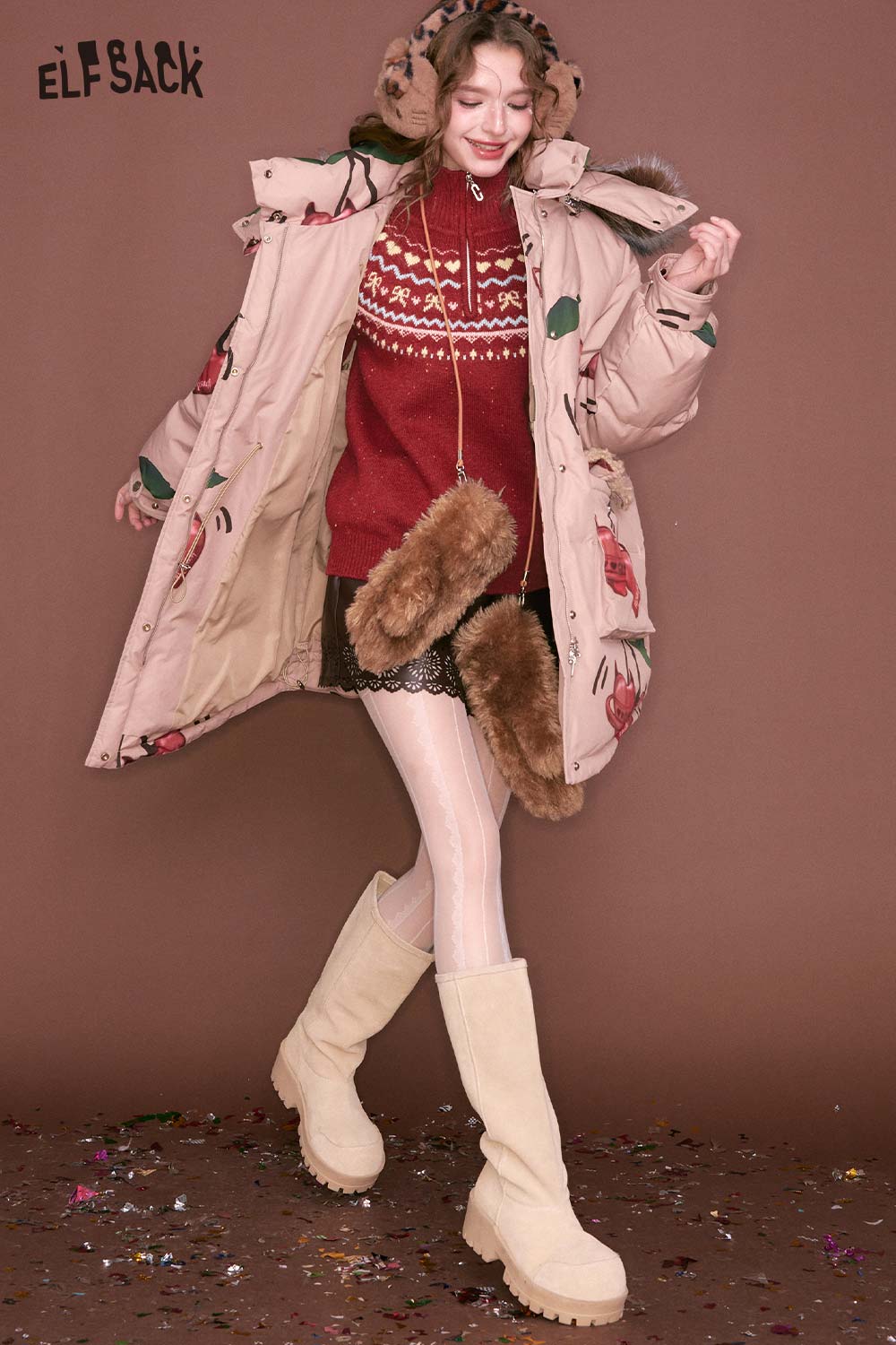 ELFSACK minimalist stripe zipper sweater in a vibrant style, perfect for casual layering during winter