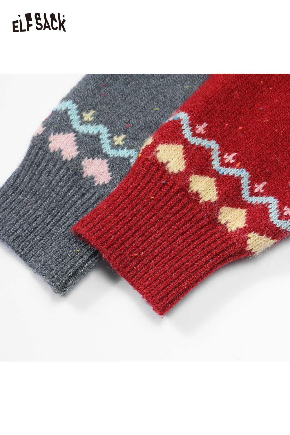 ELFSACK minimalist stripe zipper sweater featuring colorful patterned sleeves in gray and red