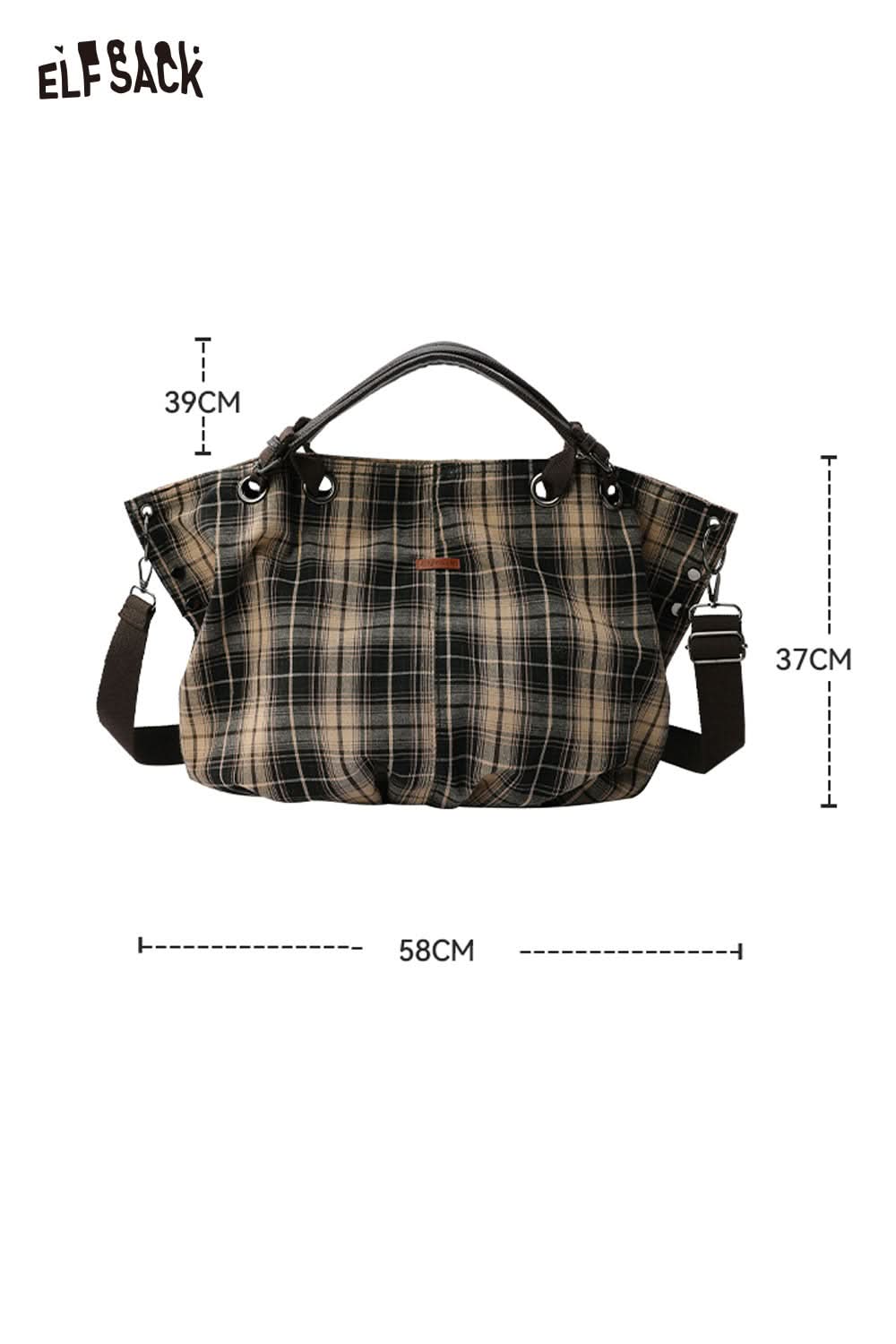ELFSACK minimalist striped crossbody tote bag in plaid design with adjustable straps and spacious interior