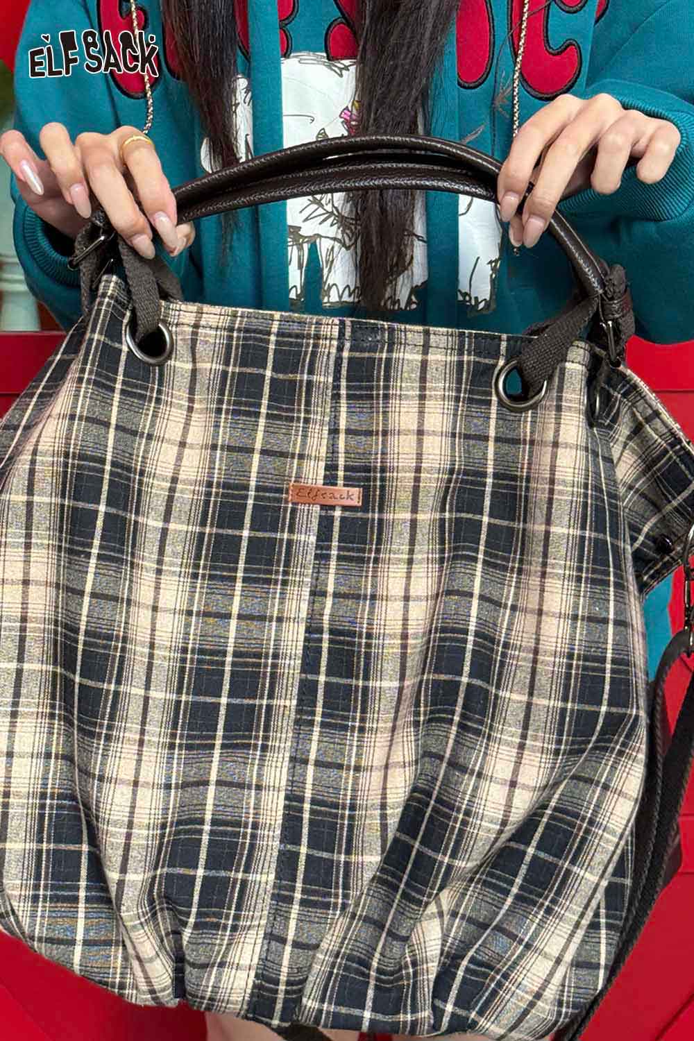 ELFSACK minimalist striped crossbody tote bag with durable handles and stylish plaid design