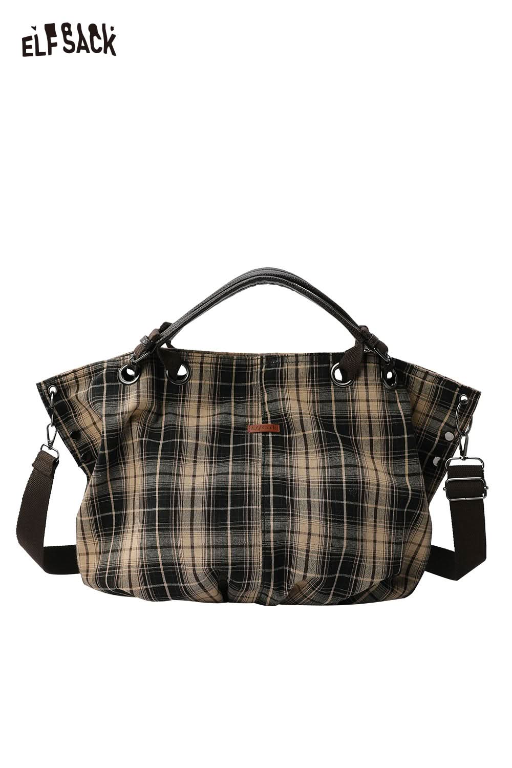 ELFSACK minimalist striped crossbody tote bag in plaid design with comfortable straps