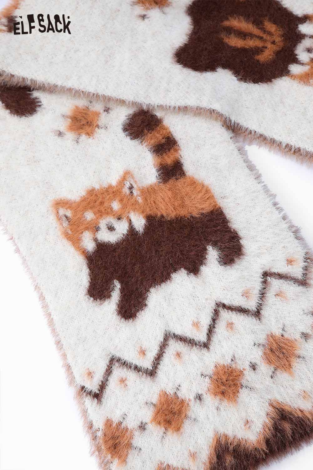 ELFSACK minimalist striped graphic scarf featuring playful animal designs in warm tones