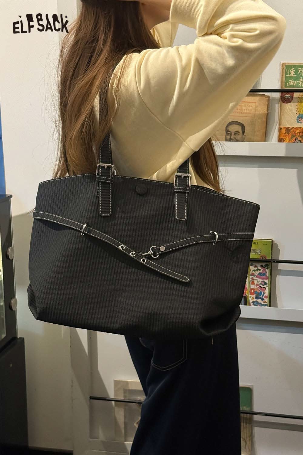 Elegant black ELFSACK minimalist tote bag for women with stylish straps and spacious design