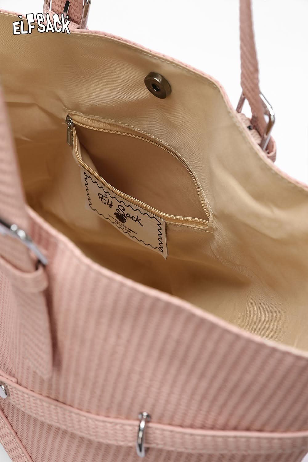 Inside view of ELFSACK minimalist tote bag for women with a spacious compartment and pocket