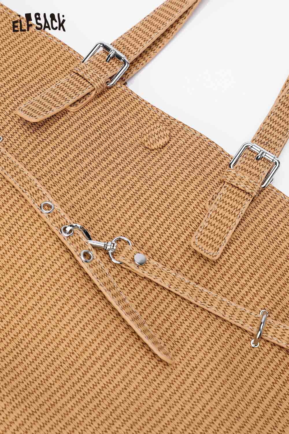 ELFSACK minimalist tote bag for women featuring stylish buckles and textured material