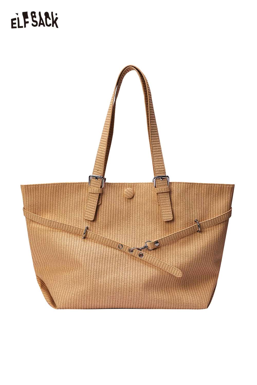 ELFSACK minimalist tote bag for women in textured beige with stylish straps and button closure