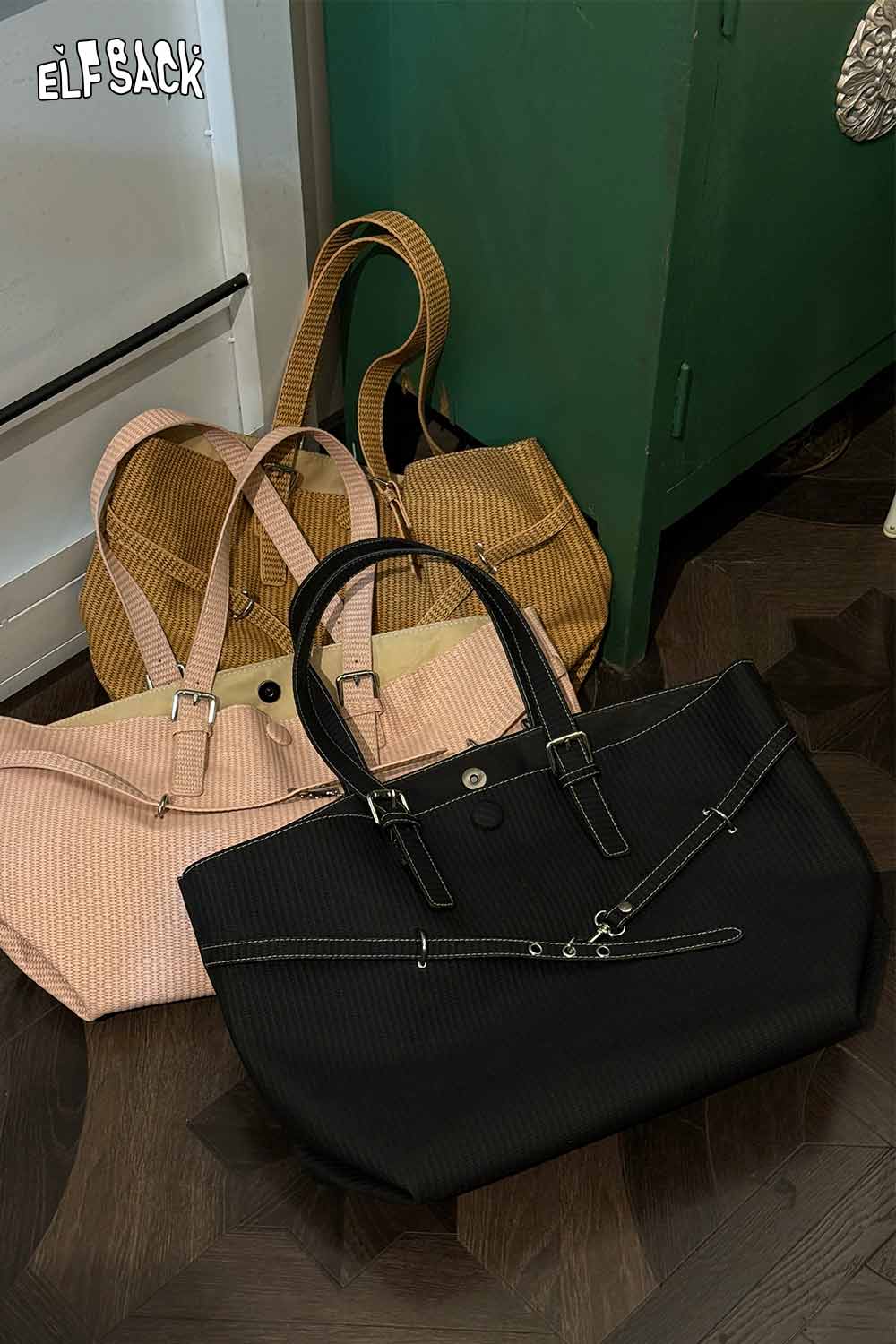 
                  
                    Three ELFSACK minimalist tote bags for women in black, tan, and pink with stylish design
                  
                