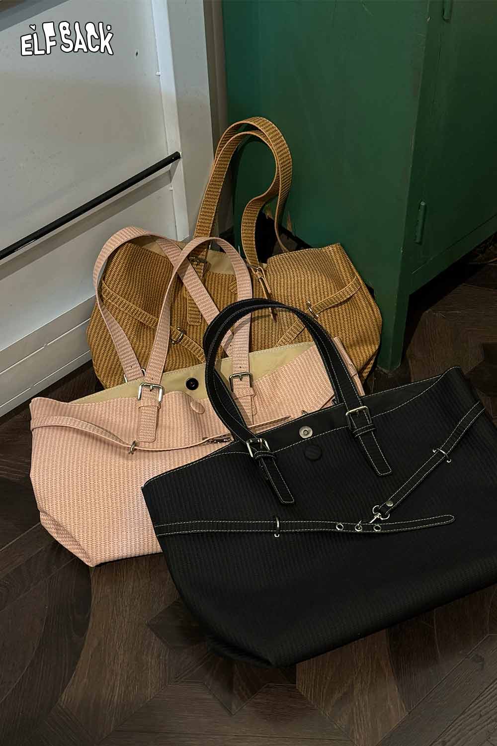 Stylish ELFSACK minimalist tote bag for women in black, pink, and beige stacked together