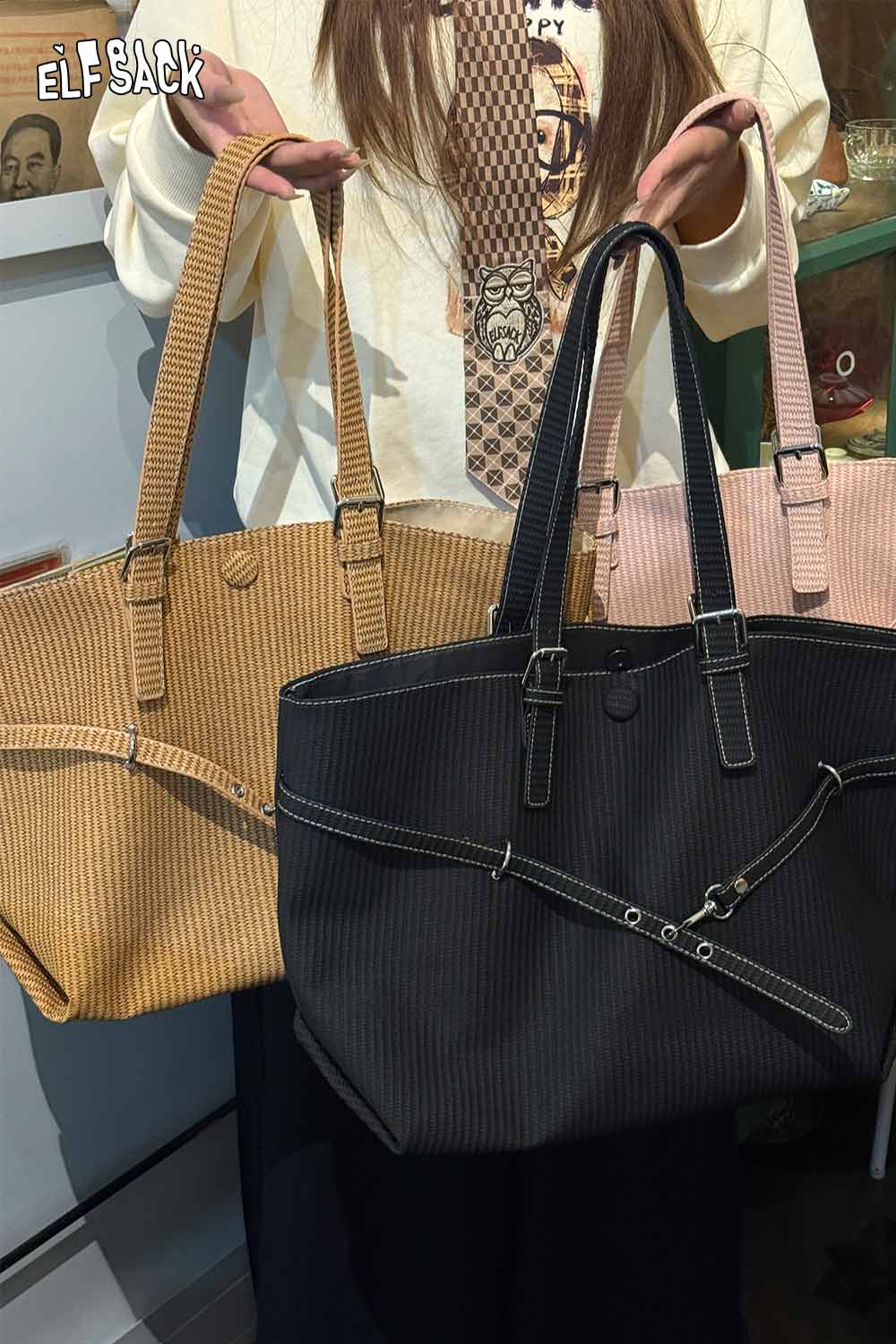 Assorted ELFSACK minimalist tote bags for women in beige, black, and pink colors with stylish design