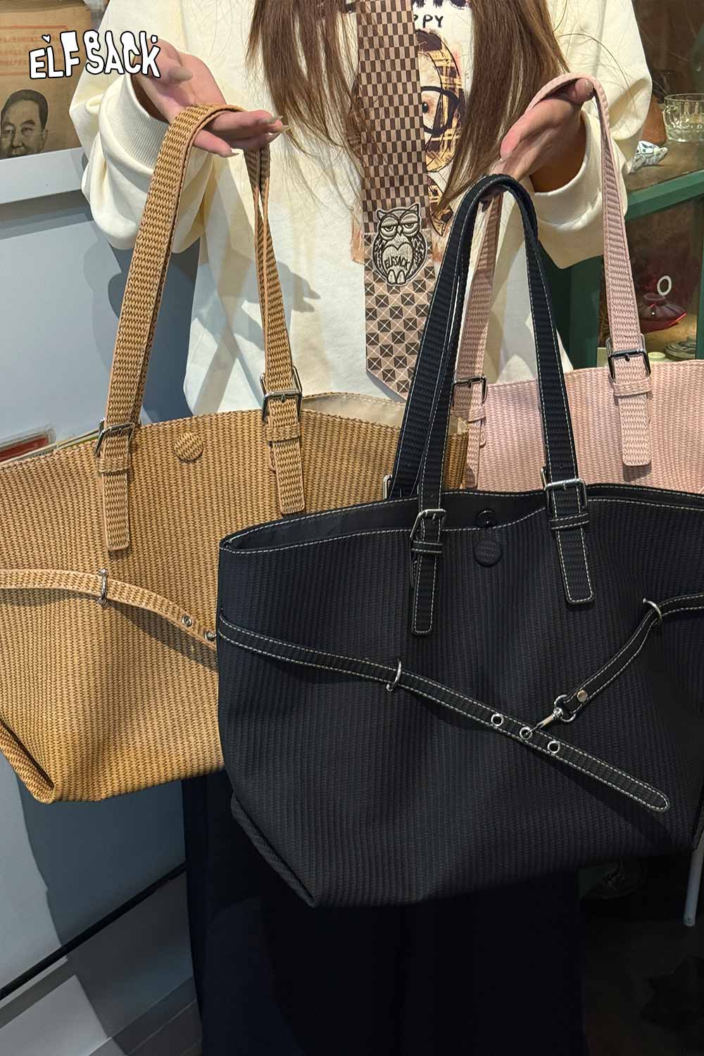 Three ELFSACK minimalist tote bags for women in black, brown, and pink with stylish ribbed texture