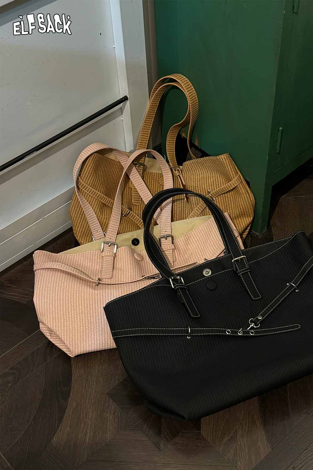 ELFSACK minimalist tote bag for women in black, pink, and tan with stylish ribbed texture