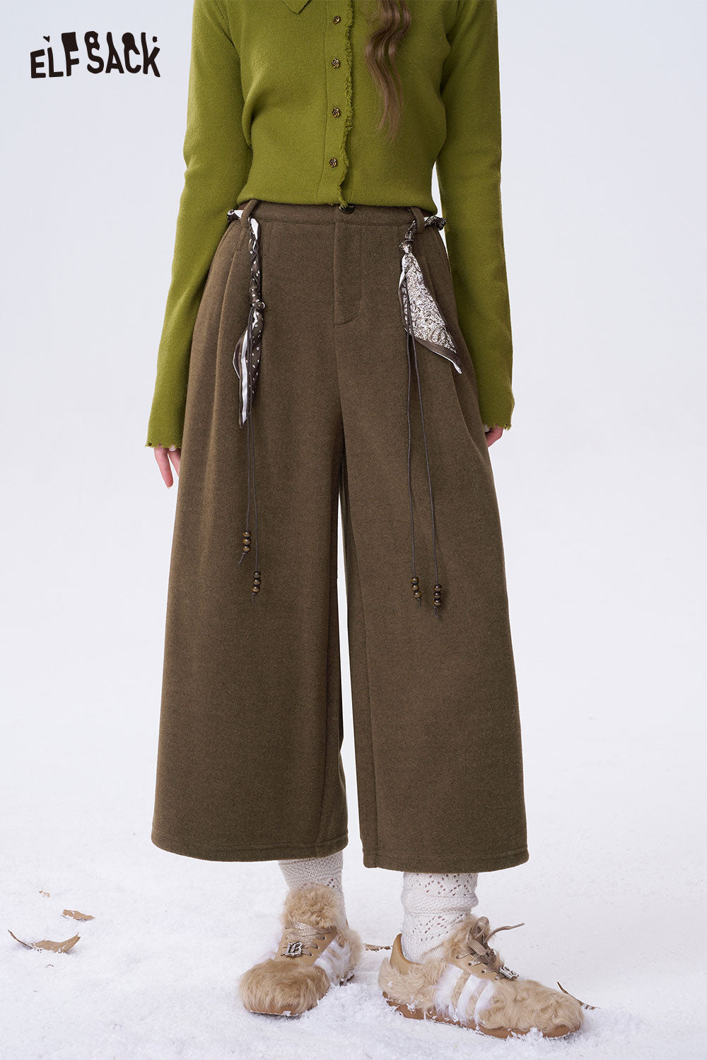 ELFSACK minimalist wide leg cropped pants in olive green with unique belt accents and stylish pockets