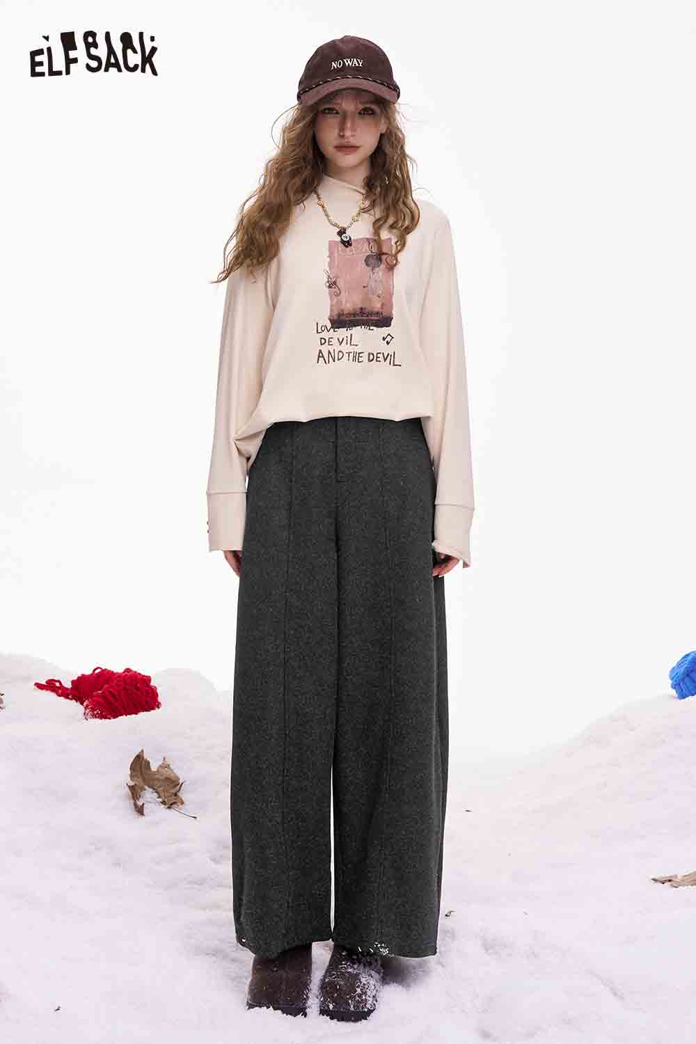 ELFSACK minimalist wide leg pants women in dark grey with a relaxed fit and stylish design for casual wear