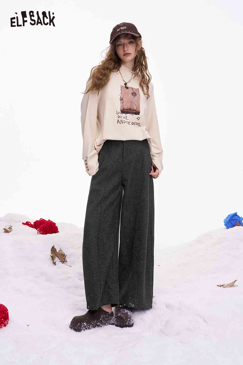 ELFSACK minimalist wide leg pants women in dark gray, styled for a chic and fashionable look