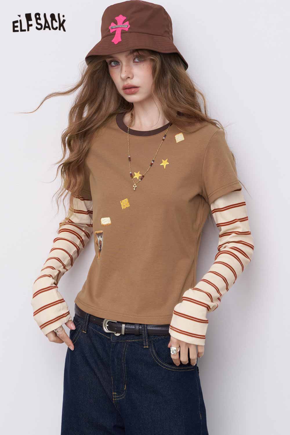 ELFSACK womens slim fit stripe patchwork top brown layered look long sleeve striped inner sleeves casual tee