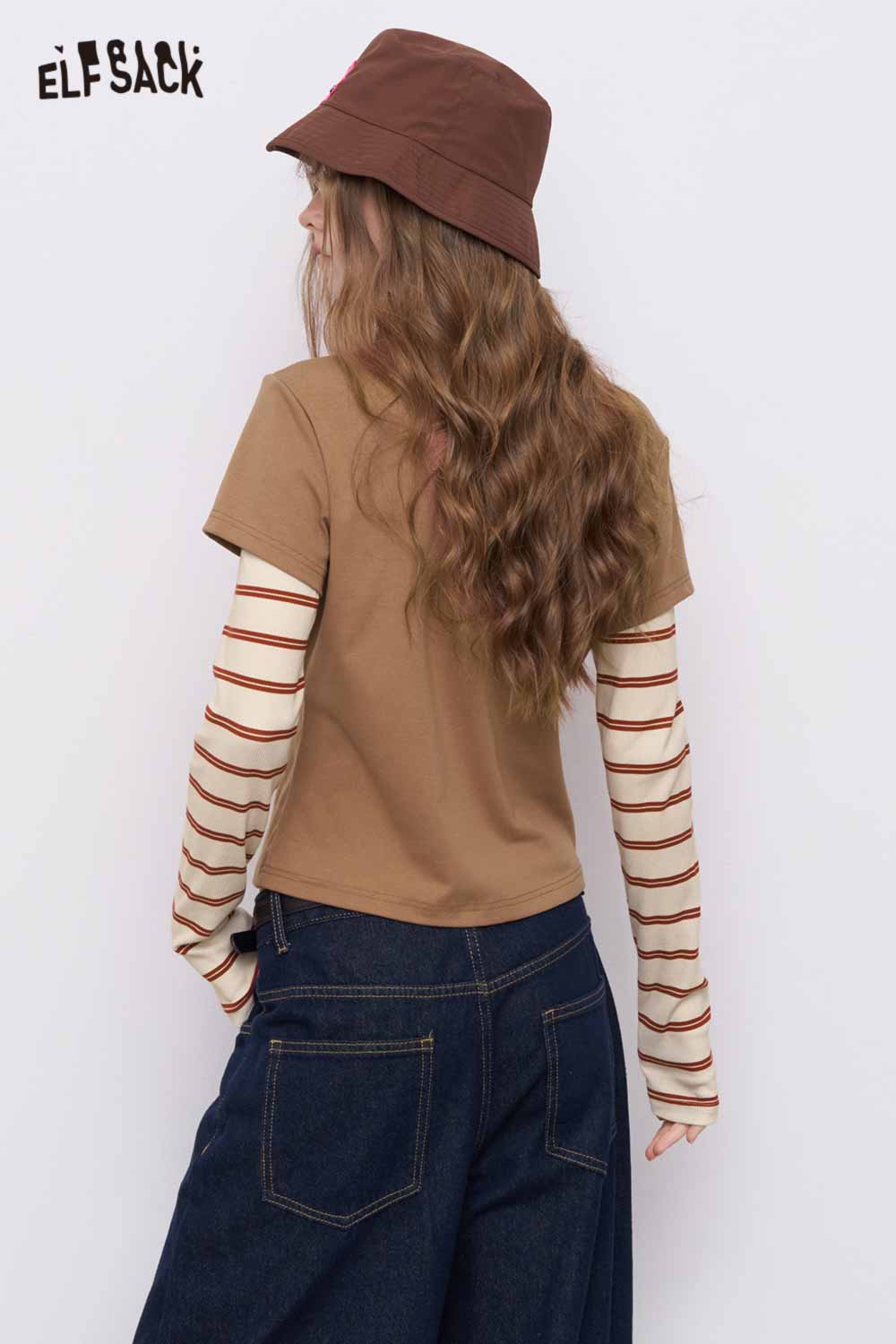 ELFSACK slim fit stripe patchwork top back view layered brown tee with cream striped long sleeves and bucket hat