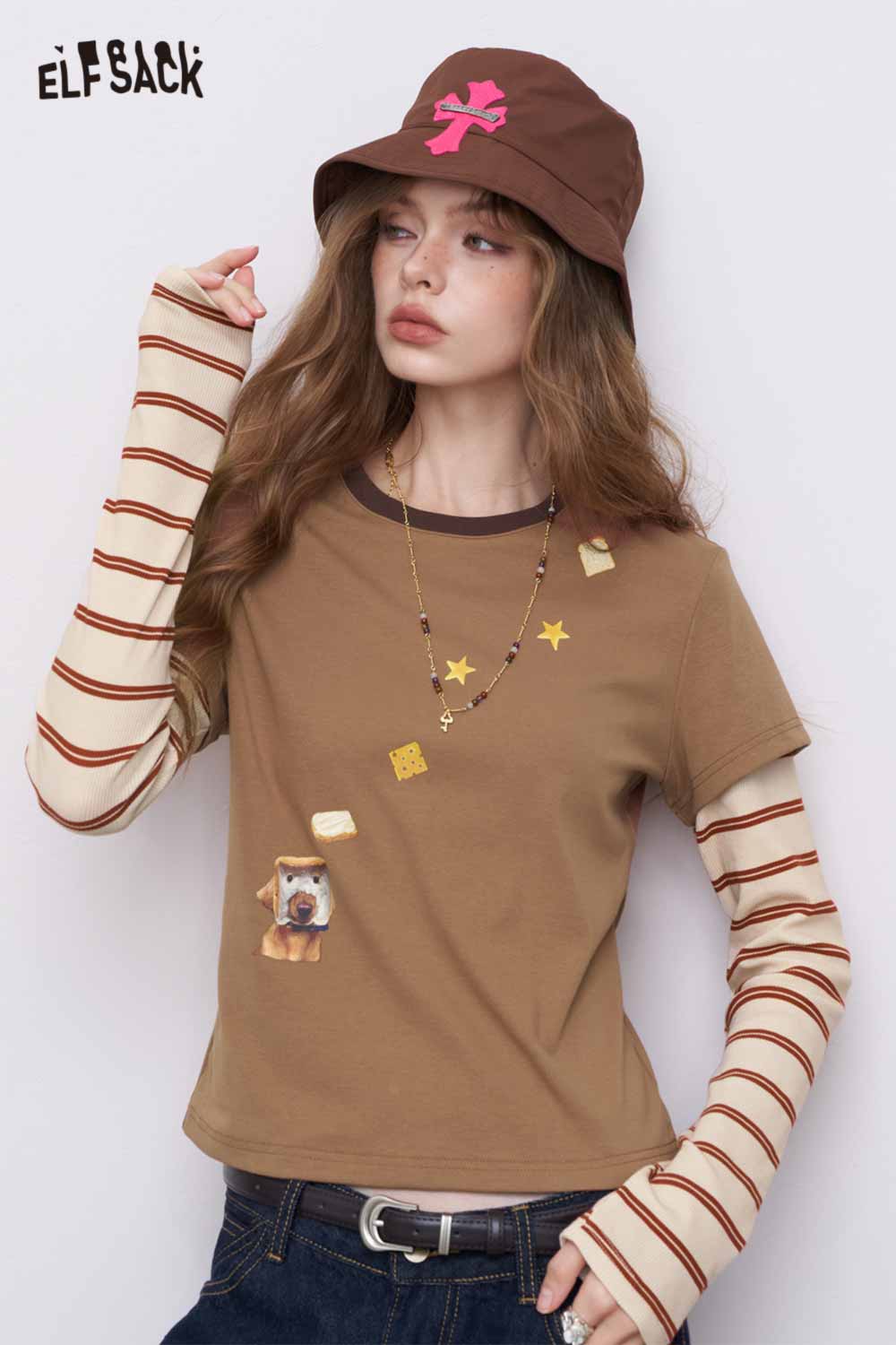 ELFSACK slim fit stripe patchwork top brown short sleeve with cream striped long sleeves and patch prints