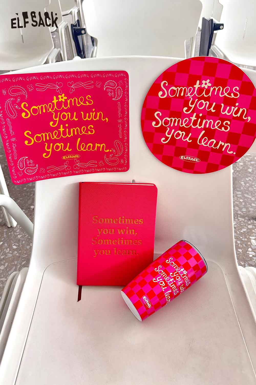 ELFSACK motivational quote hardcover notebook with vibrant design and matching accessories