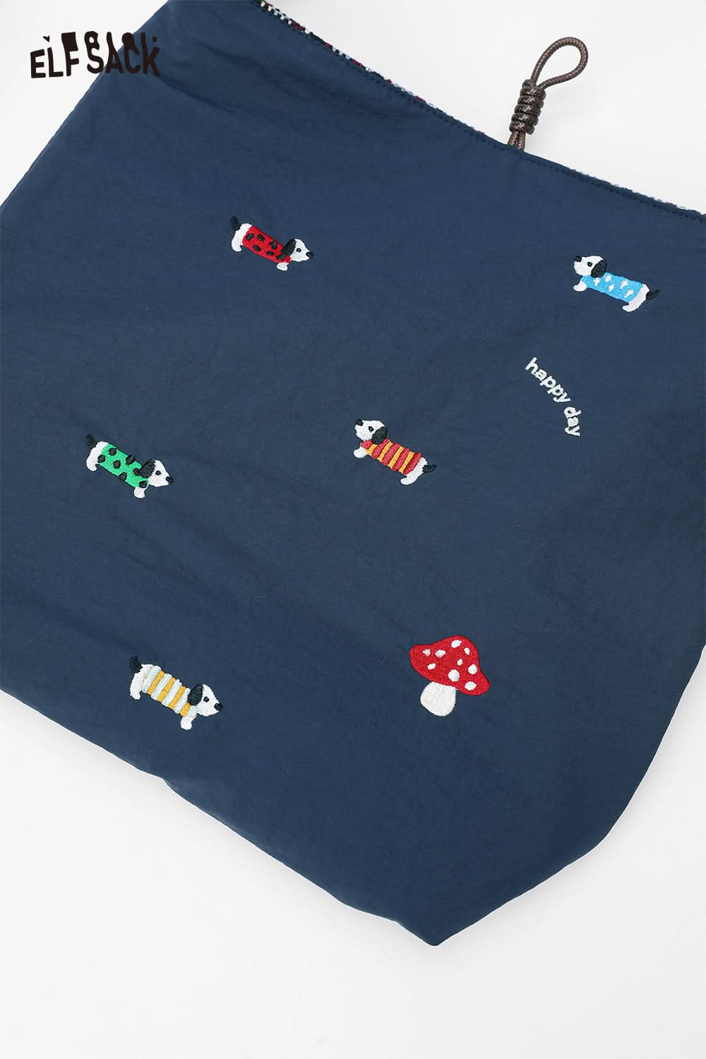 ELFSACK multi color checkered shoulder bag featuring playful dog and mushroom prints