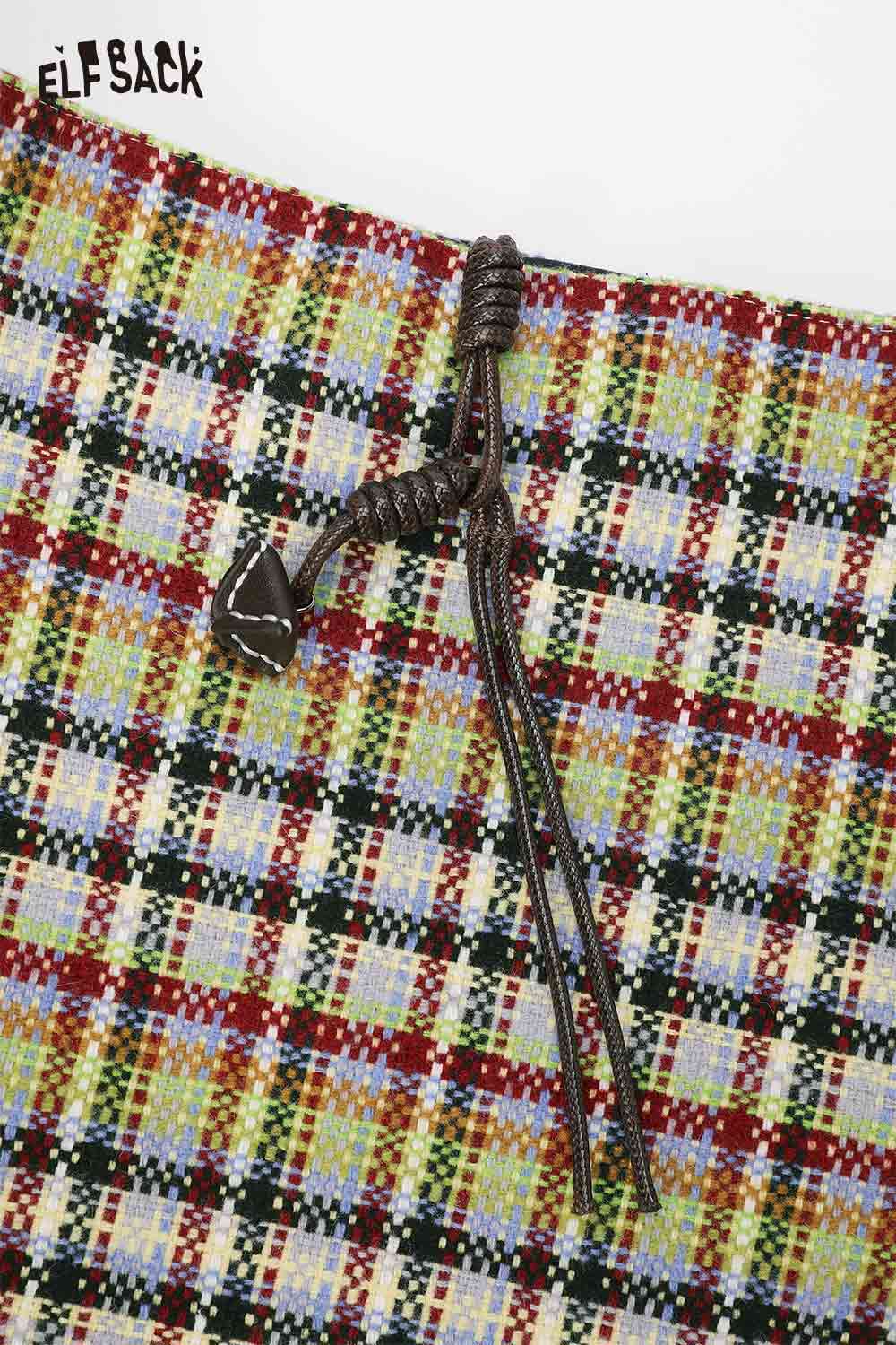 Close-up of ELFSACK multi color checkered shoulder bag with stylish plaid pattern and drawstring closure.
