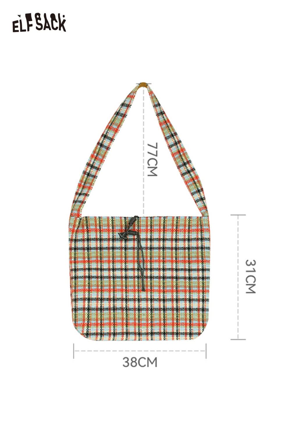 ELFSACK multi color checkered shoulder bag with dimensions 38cm by 31cm and stylish design