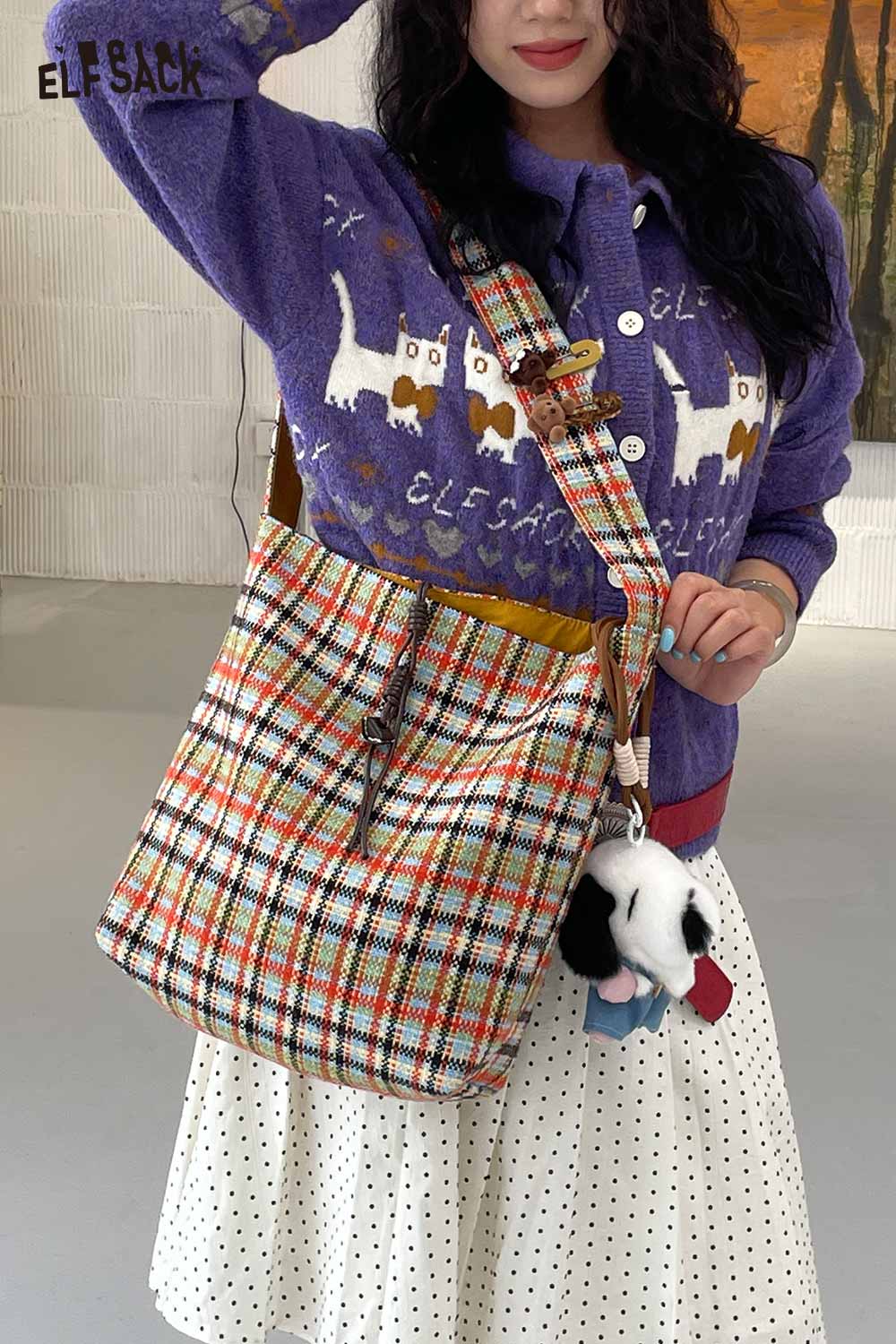 ELFSACK multi color checkered shoulder bag with playful charm and spacious interior for everyday use