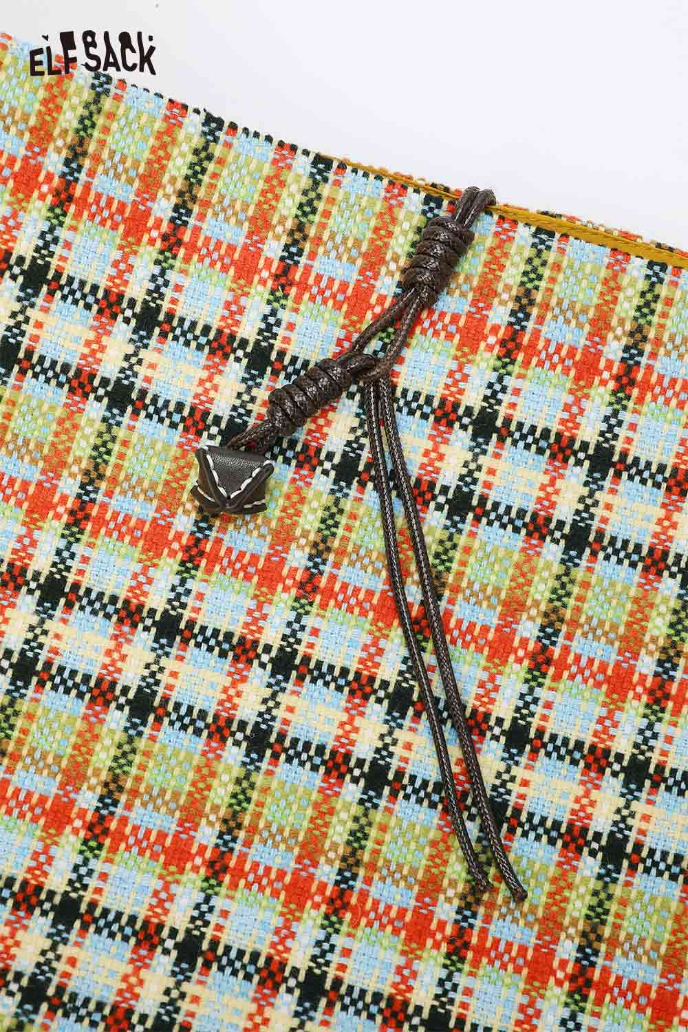 Multi color checkered shoulder bag by ELFSACK with a stylish design and drawstring closure