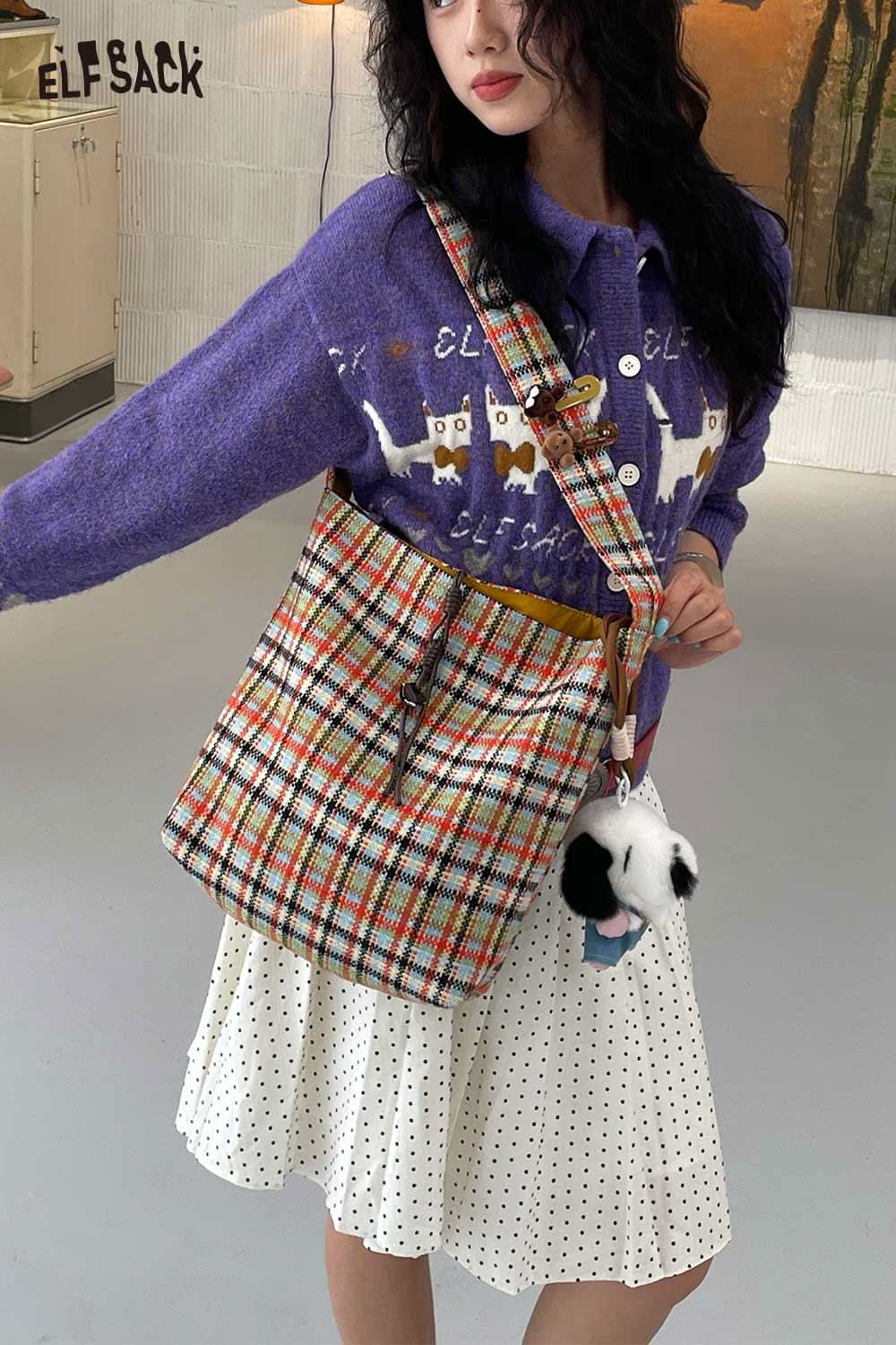 ELFSACK multi color checkered shoulder bag styled with a purple sweater and polka dot skirt