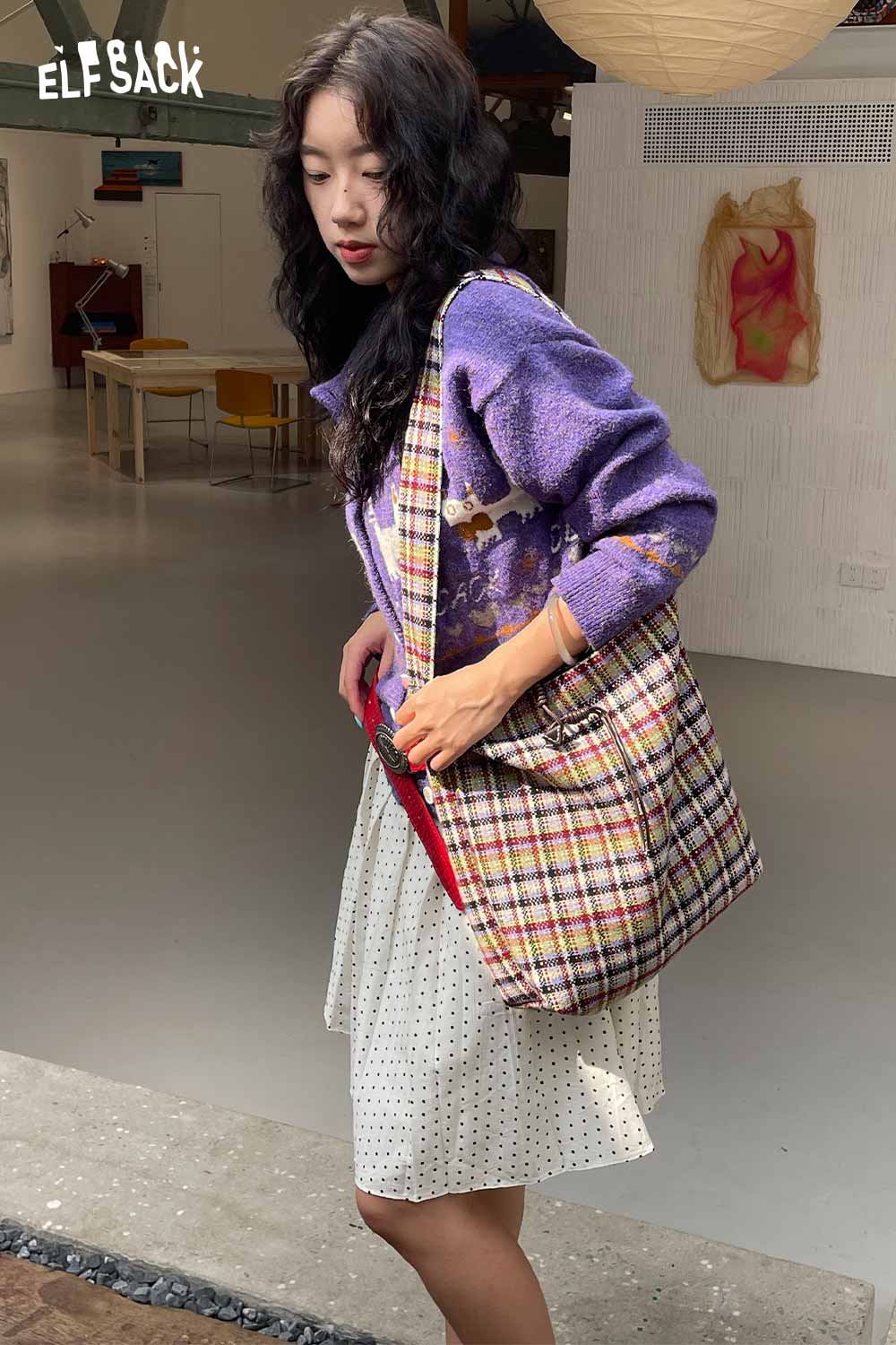 Woman wearing a stylish outfit with a multi color checkered shoulder bag from ELFSACK