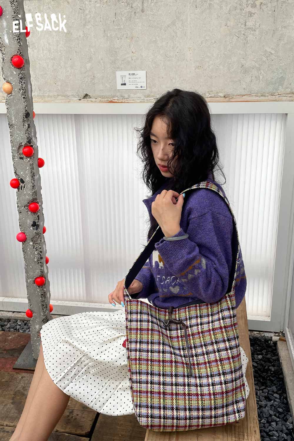 ELFSACK multi color checkered shoulder bag with a stylish design, perfect for everyday use
