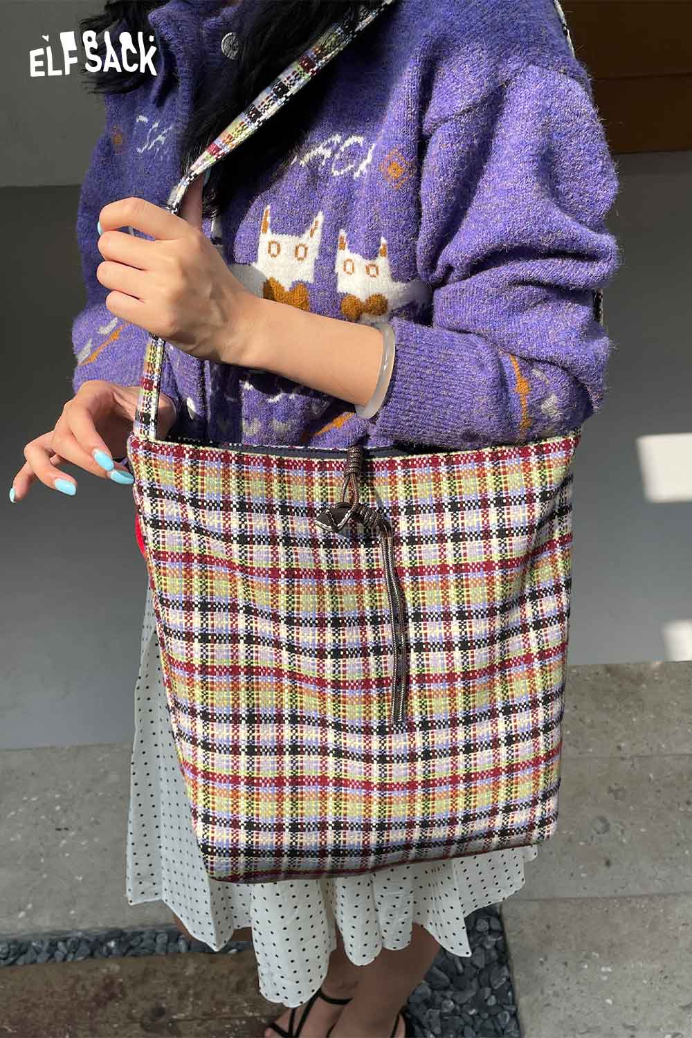 ELFSACK multi color checkered shoulder bag featuring a stylish design, perfect for everyday use.