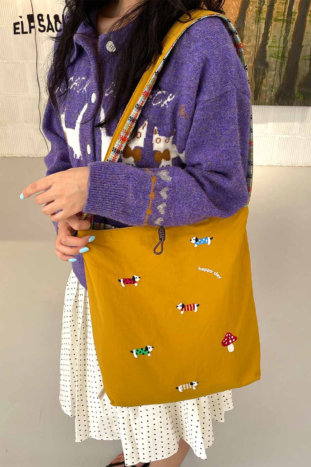 ELFSACK multi color checkered shoulder bag with animal and mushroom embroidery for a playful touch