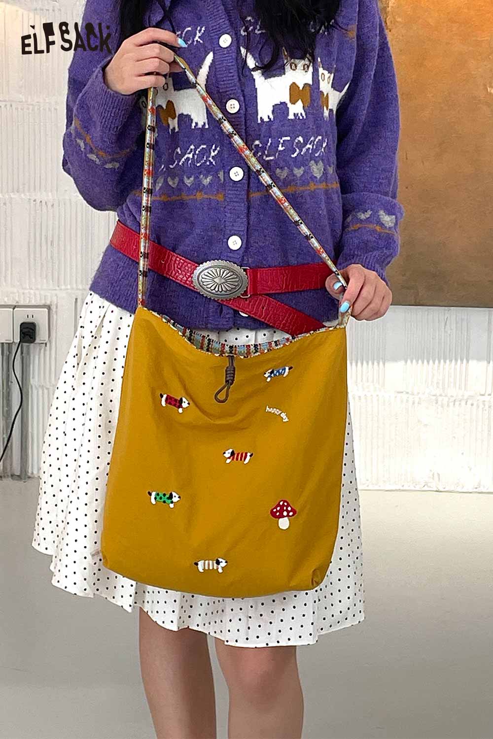 ELFSACK multi color checkered shoulder bag with unique embroidery designs for stylish outfits