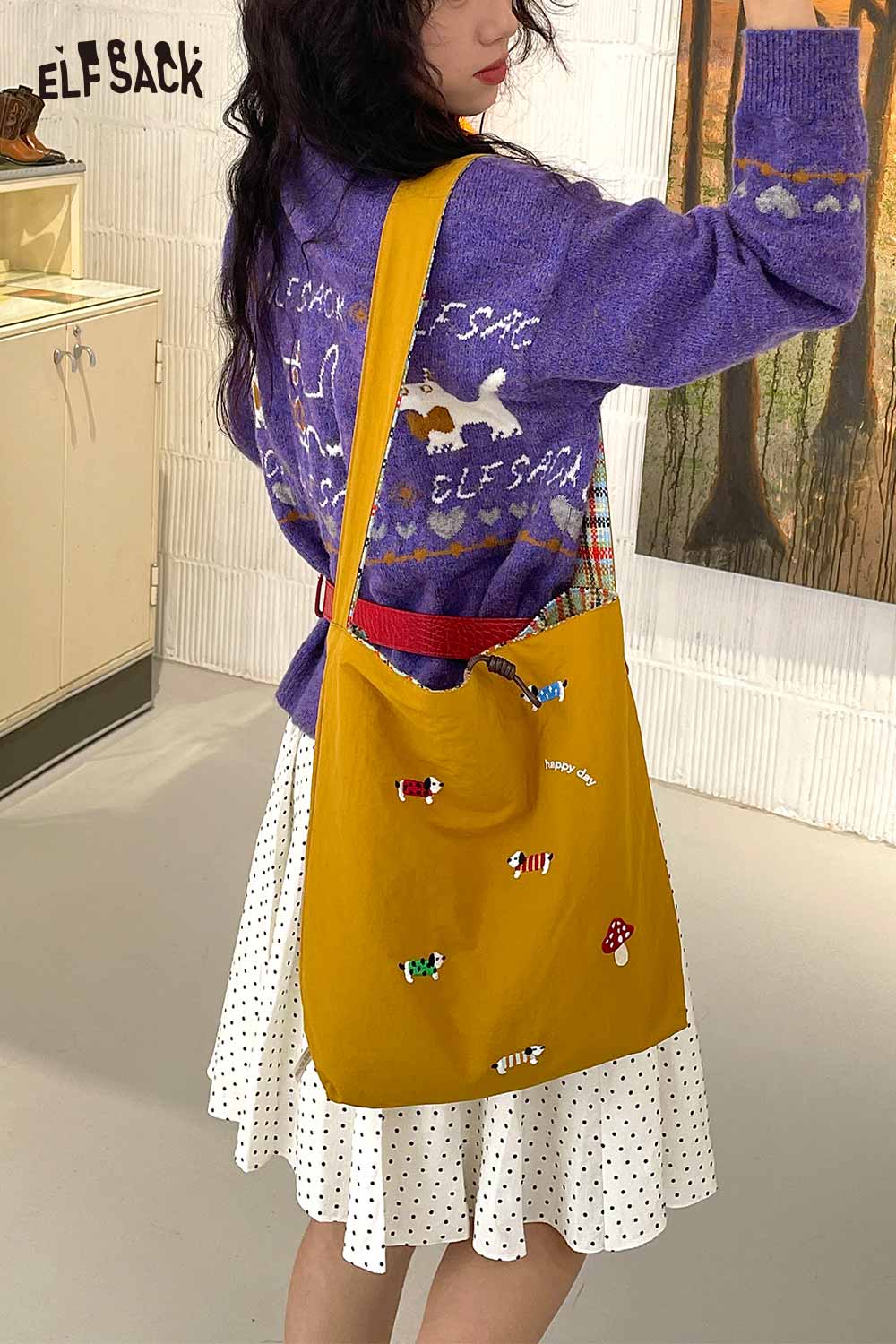 ELFSACK multi color checkered shoulder bag with unique embroidery showcased in a stylish outfit