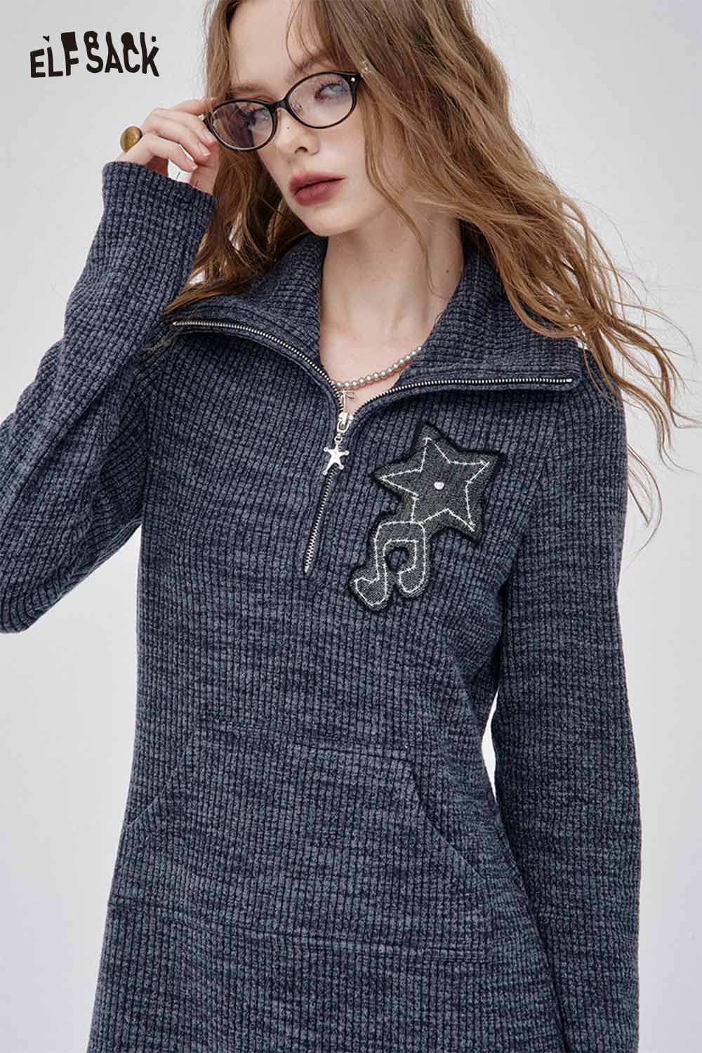 ELFSACK musical note embroidery knit dress with a stylish zip collar and star detail