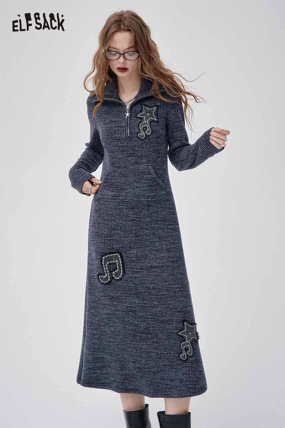 ELFSACK musical note embroidery knit dress in navy with star and musical note designs