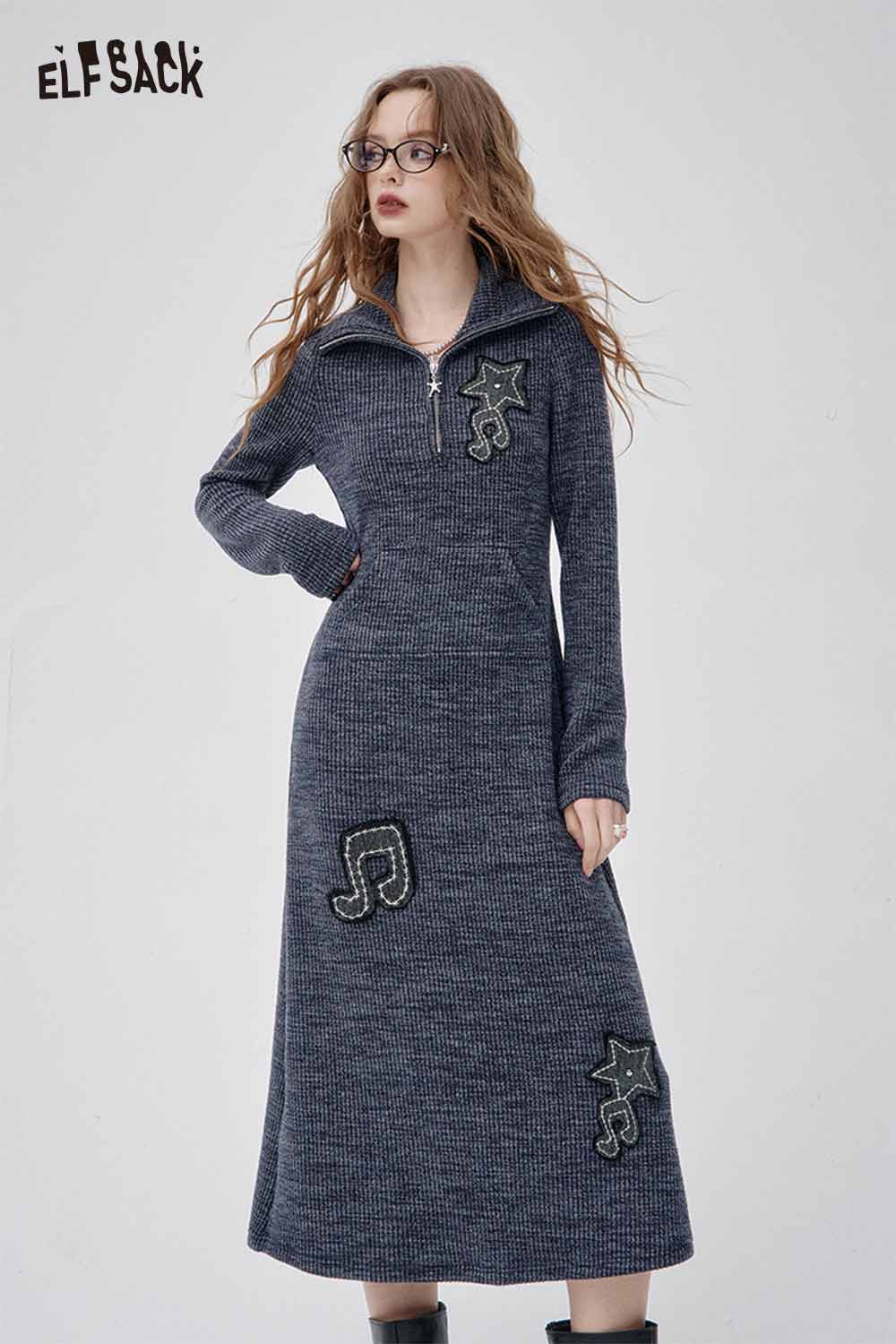 ELFSACK musical note embroidery knit dress with star embellishments and a zippered collar