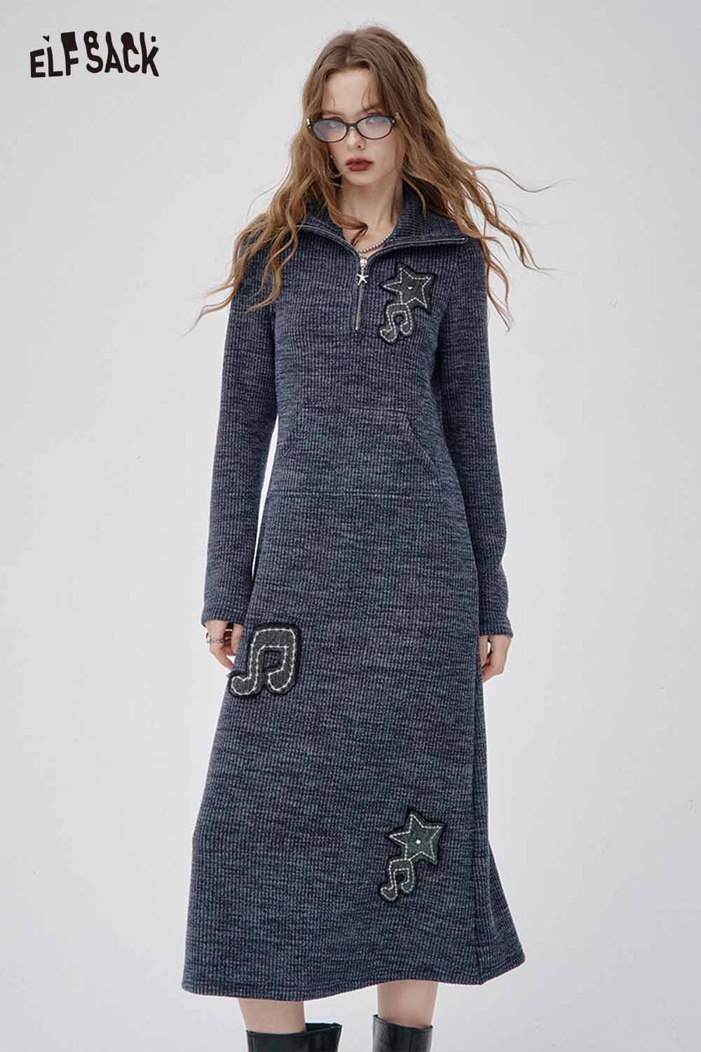 ELFSACK musical note embroidery knit dress in dark gray with star and music note designs