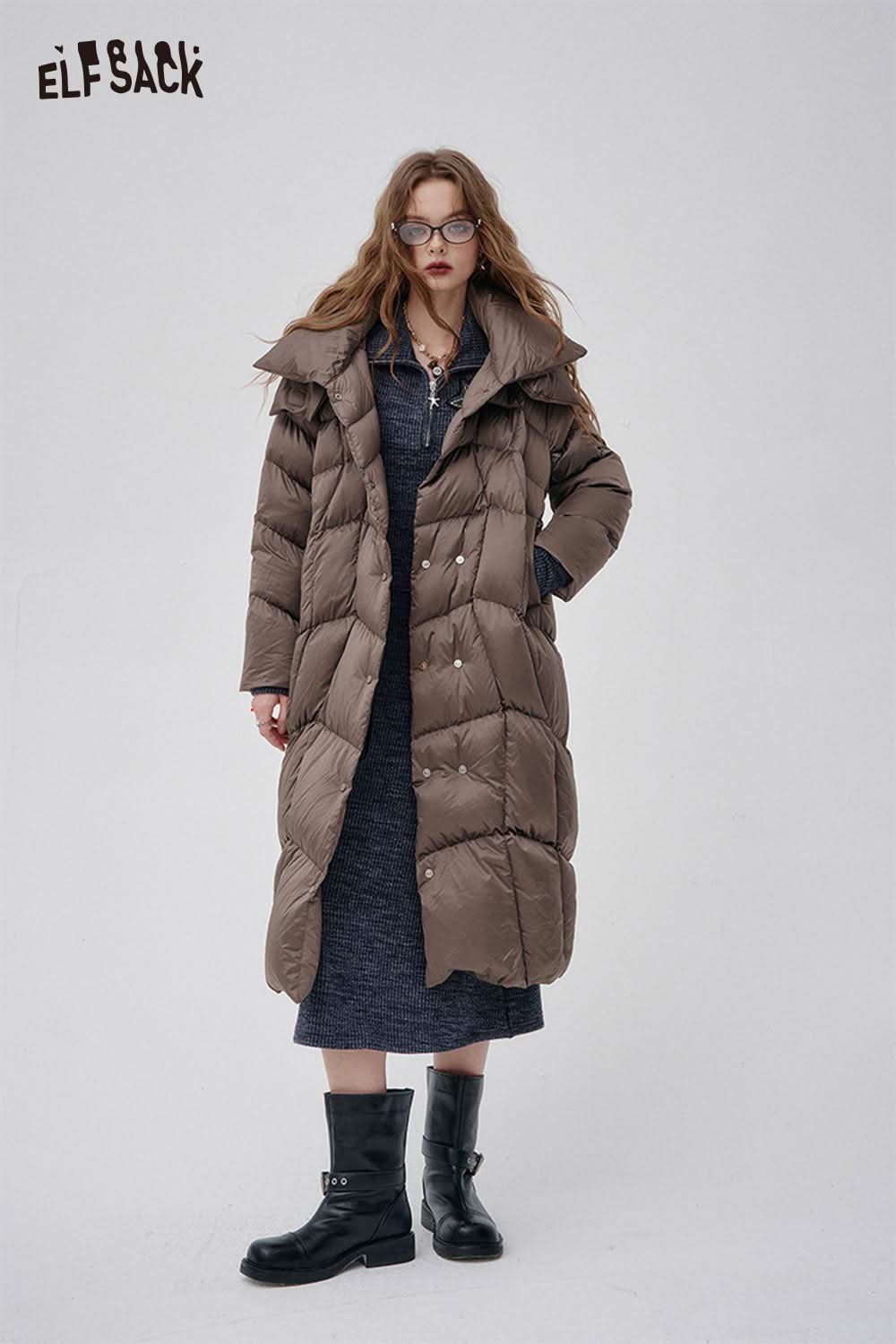 ELFSACK musical note embroidery knit dress styled under a long brown puffer coat for a chic winter look