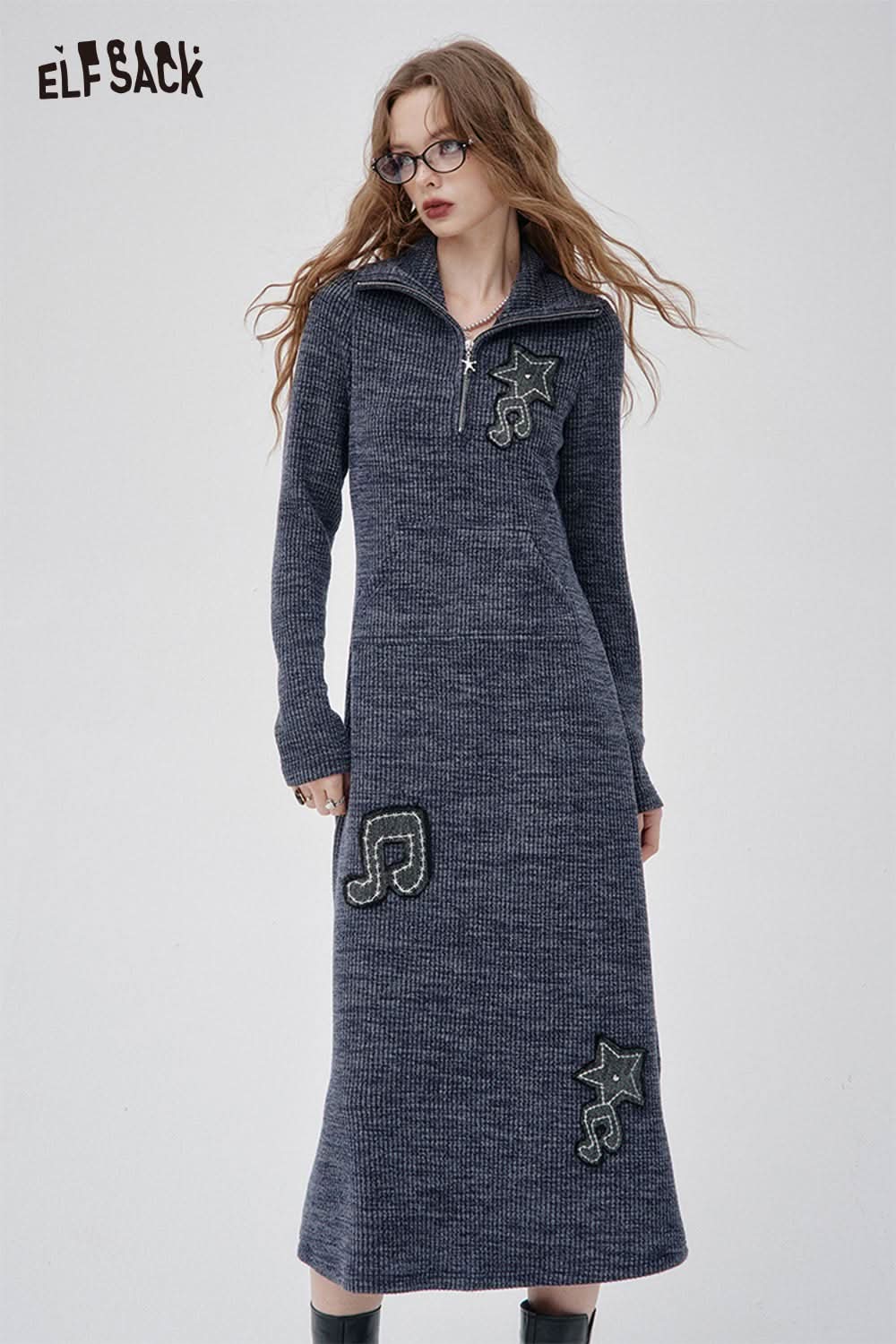ELFSACK musical note embroidery knit dress in navy with star and music note designs