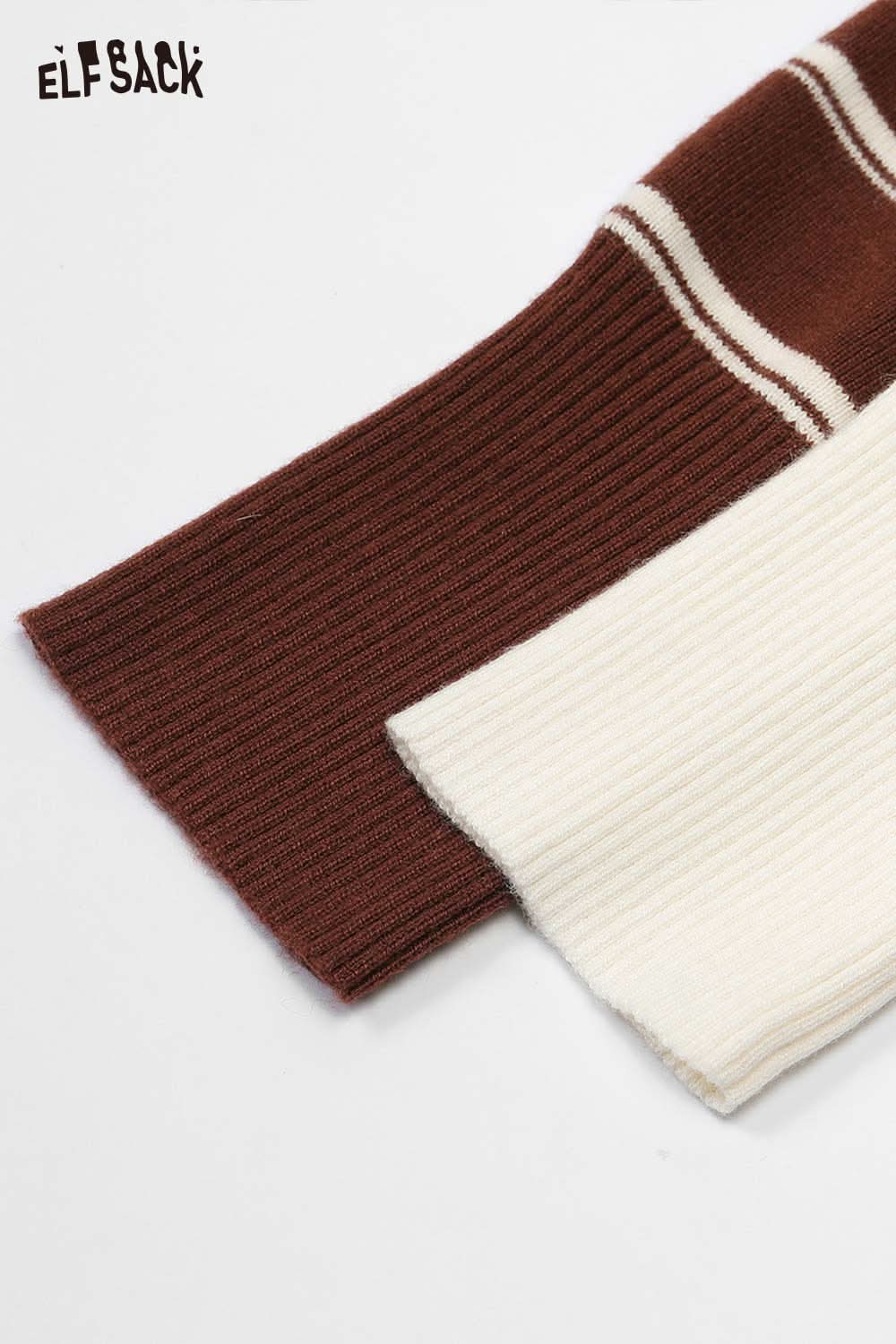 Close-up of ELFSACK navy collar striped knitted cardigan showcasing ribbed textures and contrasting colors